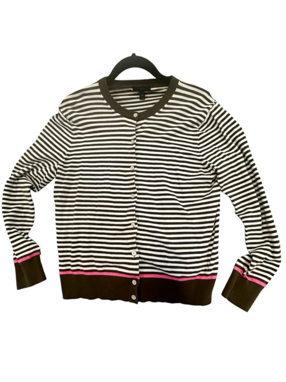 J. Crew Black & White Striped Cardigan with Pink Trim